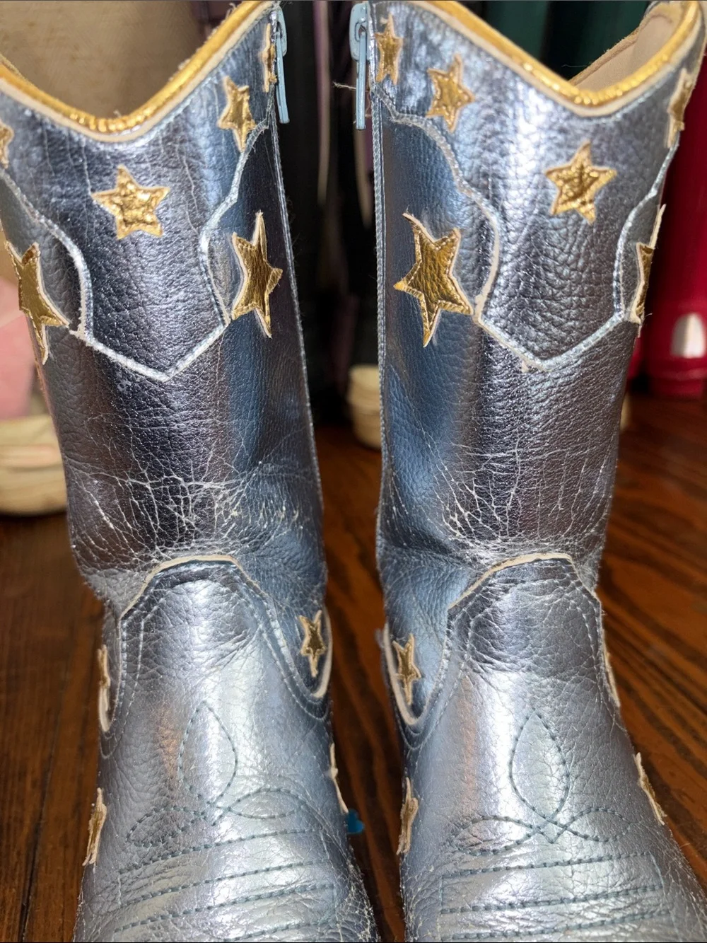 Wild + Rae Kids Metallic Silver Star Western Boots with Gold Star Accents